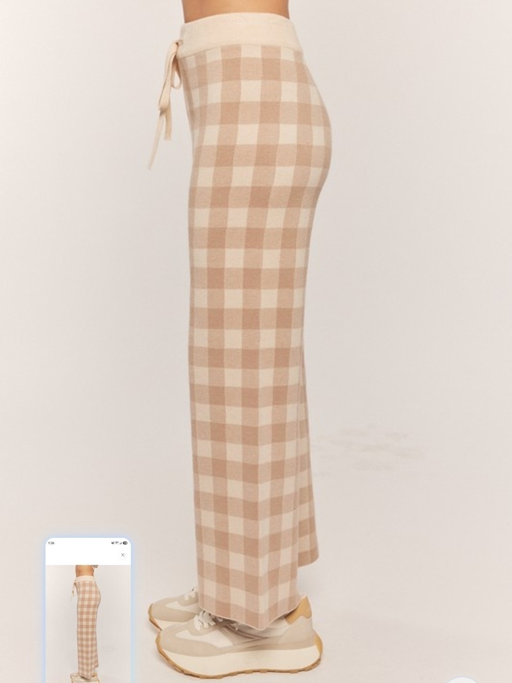 Beige Plaid Wide-Leg Knit Pants - Women - Picture 5 of 7